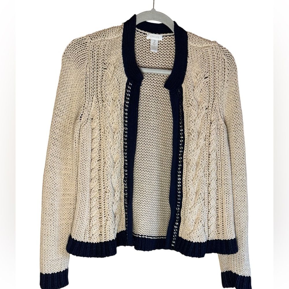 Chicos Cable Chunky Knit Beige Navy Silver Chain Trim Cardigan Sweater Size 2 L - Picture 2 of 8